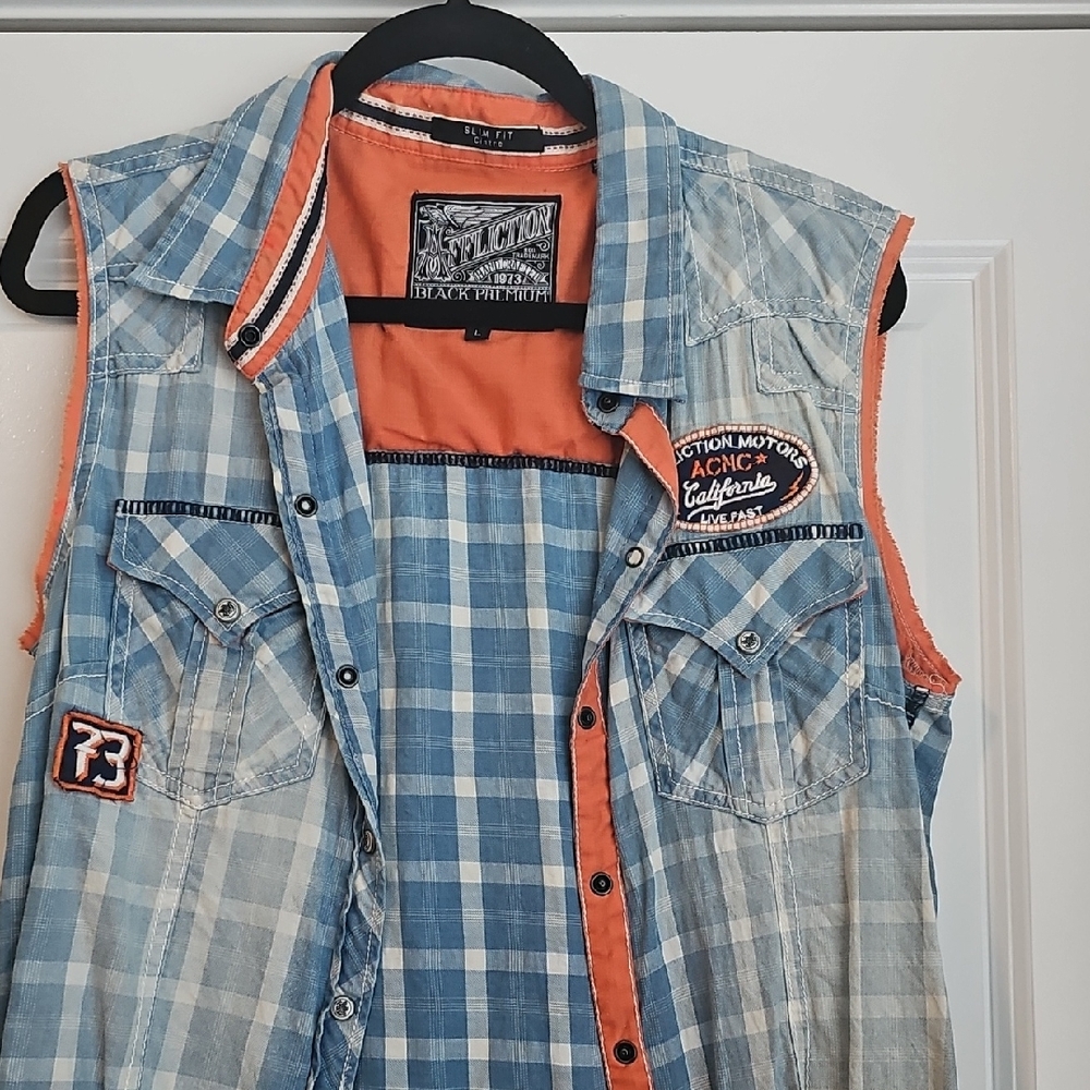 Affliction Blue and Orange Plaid Sleeveless Shirt